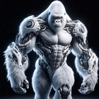 The primary subject of the image is a gorilla with a mechanical body, standing in a dark environment. The gorilla's body is covered in mechanical parts, giving it a futuristic appearance. The setting appears to be a nighttime scene, with the gorilla standing in front of a wall. The visual style of the image is digital art, as it features a highly detailed and intricate mechanical design on the gorilla's body. The colors and mood of the image are dark and mysterious, with